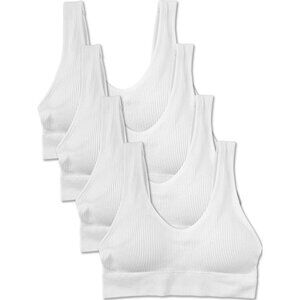 Kalon 4 Pack Ribbed Bralette Crop Top Comfort Lounge Bra 1041 White XXS - XXL